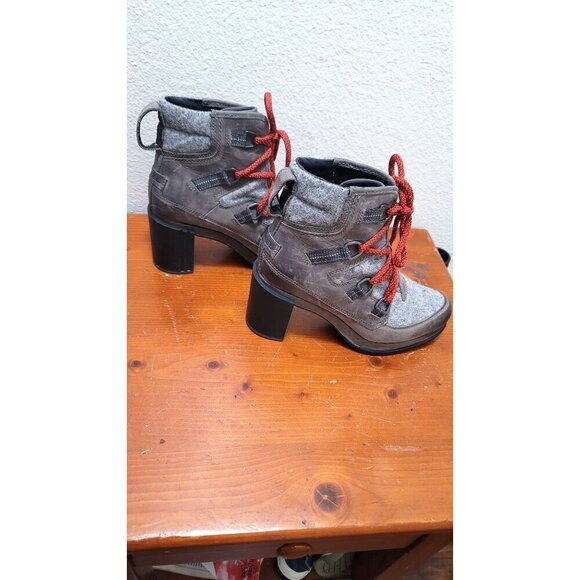 Sorel Block Heeled Pump Waterproof Boots Gray & Red Wool Leather Lace up ankle S - Picture 4 of 14